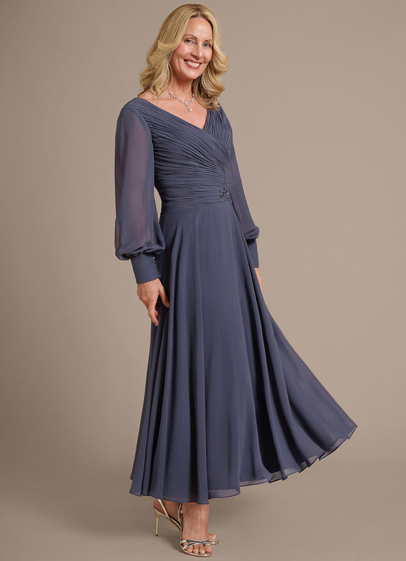 Robe Élégante Mousseline Gris Perle - gallery 3