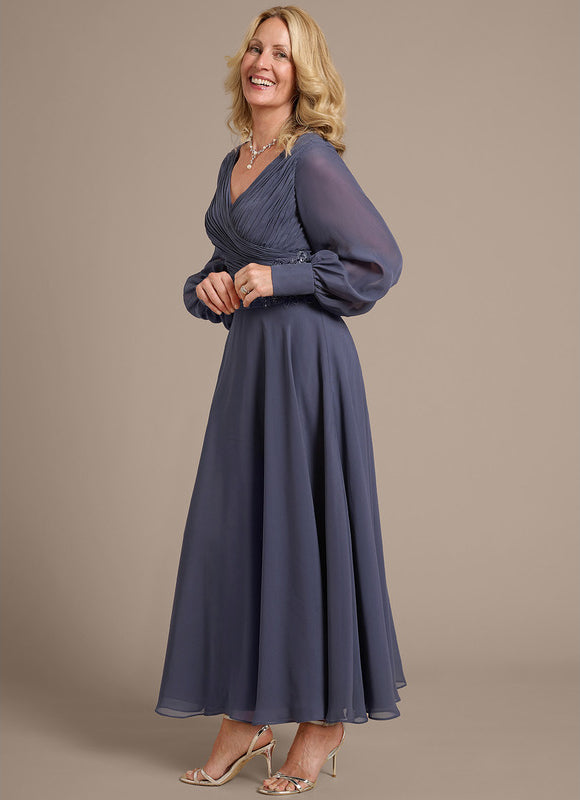Robe Élégante Mousseline Gris Perle - gallery 2