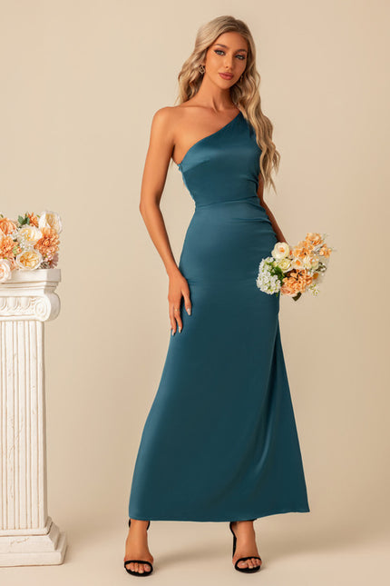 Robe Satin Asymétrique Élégante Turquoise - gallery 4